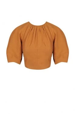 Shona Joy MAYA LINEN BALLOON SLEEVE LACE BACK TOP - TURMERIC TOPS