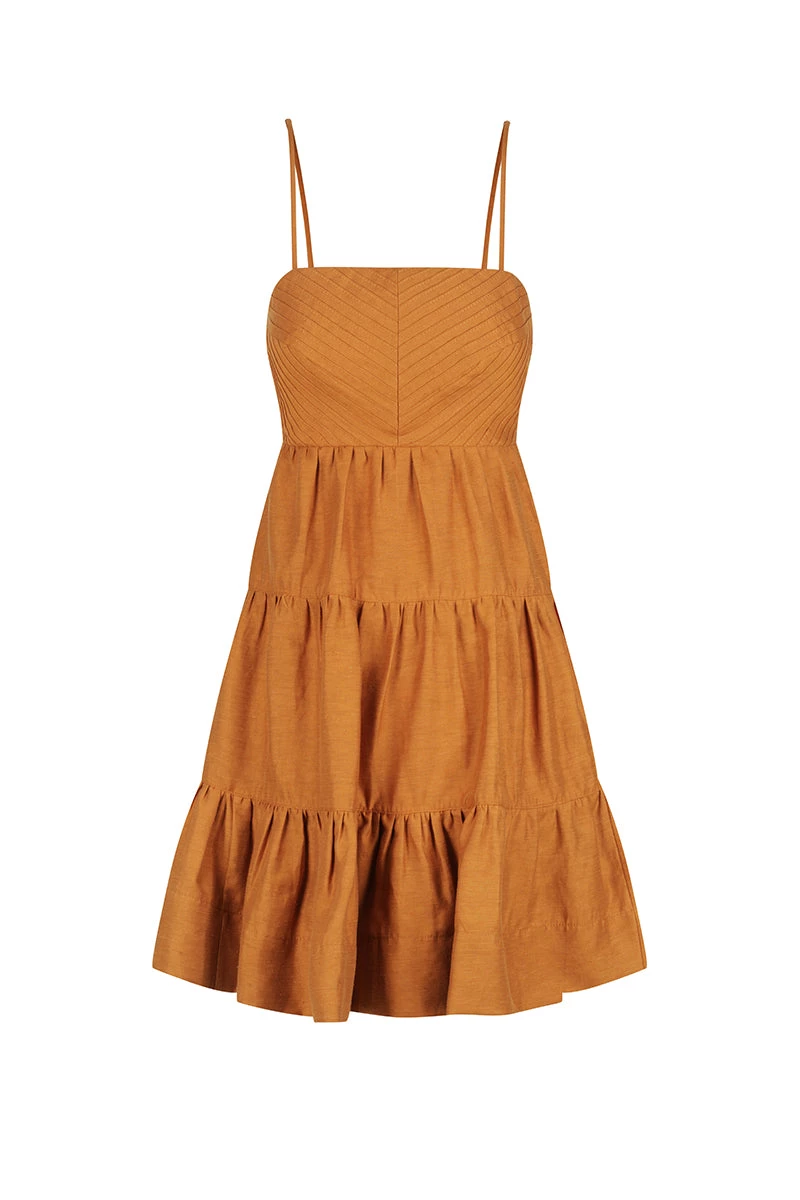 Shona Joy DRESSES MAYA LINEN PIN TUCK OPEN BACK TIERED MINI DRESS - TURMERIC 1 Shona Joy DRESSES MAYA LINEN PIN TUCK OPEN BACK TIERED MINI DRESS - TURMERIC