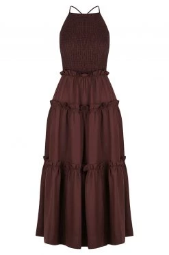 Shona Joy RUBI LINEN SHIRRED BACKLESS MIDI DRESS - COCOA DRESSES